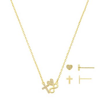 Gratitude & Grace Kids 14k Gold Flash Plated Polished Cubic Zirconia Heart, Cross & Infinity Necklace & Earrings 3 pc Set