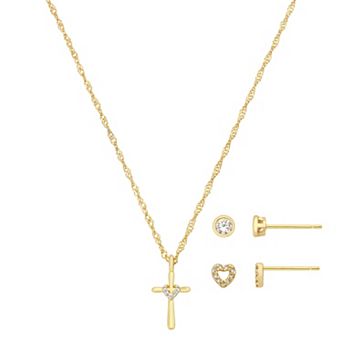 Gratitude & Grace Kids Fine Silver Plated Cubic Zirconia Heart & Cross Pendant Necklace & Earrings 3 pc Set