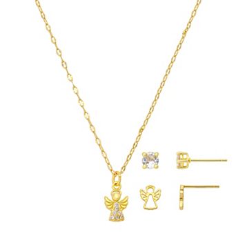 Gratitude & Grace Kids 14k Gold Flash Plated Cubic Zirconia Angel Pendant Necklace, Round Stud & Angel Earrings 3 pc Set