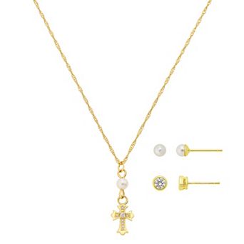 Gratitude & Grace Kids 14k Gold Flash Plated Round Simulated Pearl & Cubic Zirconia Necklace & Stud Earring Set