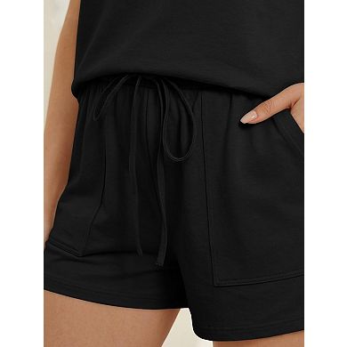 2 Pcs Womens Henley Top Drawstring Shorts Loungewear Set With Pockets