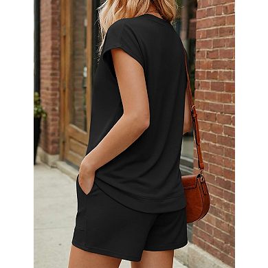 2 Pcs Womens Henley Top Drawstring Shorts Loungewear Set With Pockets