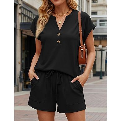 2 Pcs Womens Henley Top Drawstring Shorts Loungewear Set With Pockets