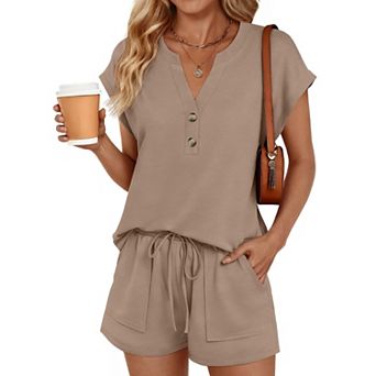2 pc Womens Henley Top Drawstring Shorts Loungewear Set With Pockets