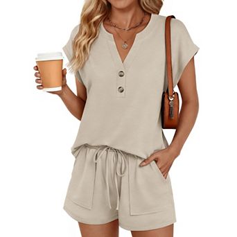 2 pc Womens Henley Top Drawstring Shorts Loungewear Set With Pockets