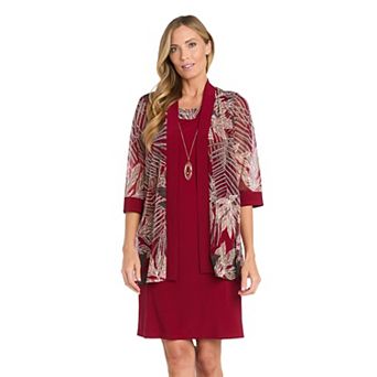 Petite R&M Richards Leaf Print Mesh Jacket Dress Set with Necklace