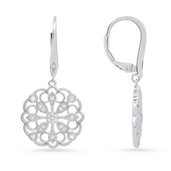 Queen Jewels Sterling Silver Cubic Zirconia Milgrain Floral Leverback Earrings