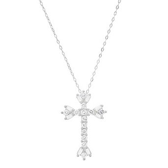 Queen Jewels Sterling Silver Cubic Zirconia Fleur-de-Lis Cross Pendant Necklace