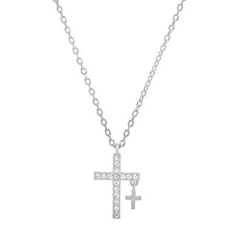 Queen Jewels Sterling Silver Round Cubic Zirconia Dangling Double Cross Pendant Necklace