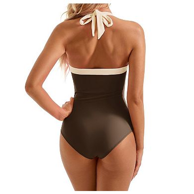 Women Tummy Control Retro Halter Bandeau One Piece Swimsuit