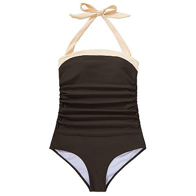 Women Tummy Control Retro Halter Bandeau One Piece Swimsuit