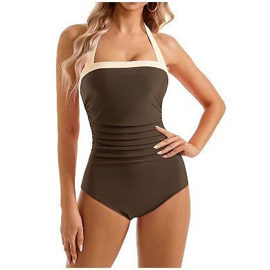 Women Tummy Control Retro Halter Bandeau One Piece Swimsuit