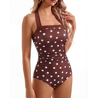 Women Tummy Control Retro Halter Bandeau One Piece Swimsuit