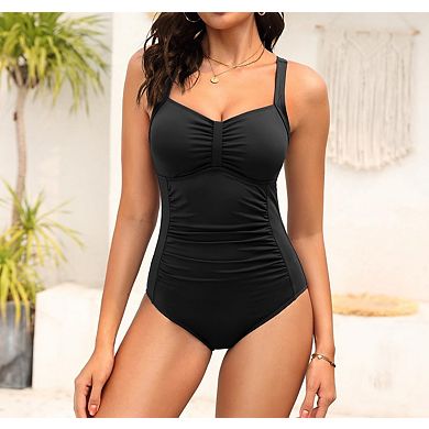Women Vintage Tummy Control Push Up Ruched One Piece Swimsuit