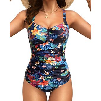 Women Vintage Tummy Control Push Up Ruched One Piece Swimsuit