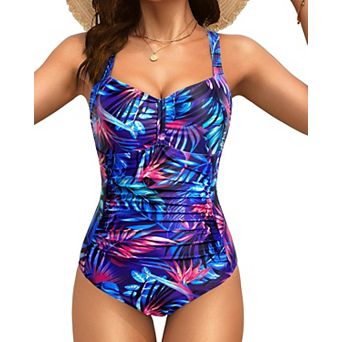 Women Vintage Tummy Control Push Up Ruched One Piece Swimsuit