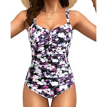Women Vintage Tummy Control Push Up Ruched One Piece Swimsuit