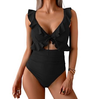 Women Tummy Control Ruffle V Neck Ruched One Piece Swimwear Push Up Bathing Suit