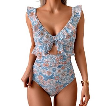 Women Tummy Control Ruffle V Neck Ruched One Piece Swimwear Push Up Bathing Suit