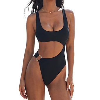 Women Tummy Control Side Cutout O Ring High Cut Push Up Swimsuit