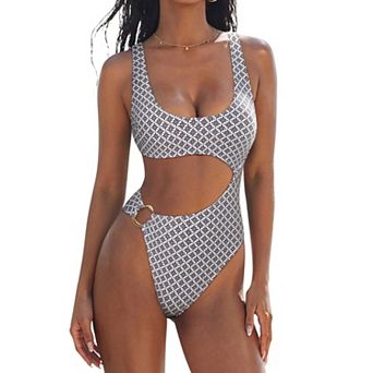 Women Tummy Control Side Cutout O Ring High Cut Push Up Swimsuit
