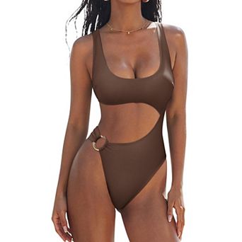 Women Tummy Control Side Cutout O Ring High Cut Push Up Swimsuit