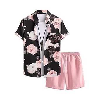 2 pc Floral Print Short Sleeve Button Up Shirt Shorts Set Hawaiian Vacation Wear
