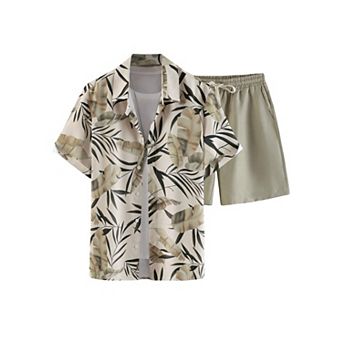 2 pc Floral Print Short Sleeve Button Up Shirt Shorts Set Hawaiian Vacation Wear