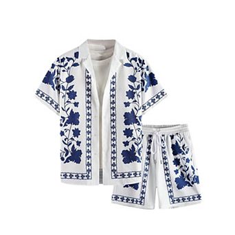 2 pc Floral Print Short Sleeve Button Up Shirt Shorts Set Hawaiian Vacation Wear