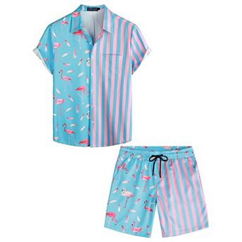 2 pc Flamingo Print Hawaiian Shirt Shorts Set Vacation Beach Wear