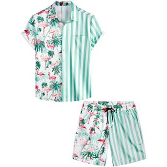 2 pc Flamingo Print Hawaiian Shirt Shorts Set Vacation Beach Wear