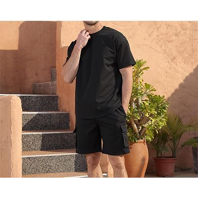 2 Pcs Mens Summer Casual Cargo Shorts Tracksuit Set Soft Stretchy