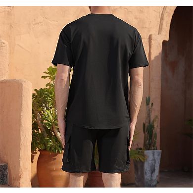2 Pcs Mens Summer Casual Cargo Shorts Tracksuit Set Soft Stretchy