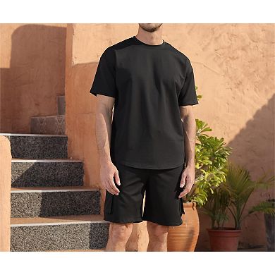 2 Pcs Mens Summer Casual Cargo Shorts Tracksuit Set Soft Stretchy