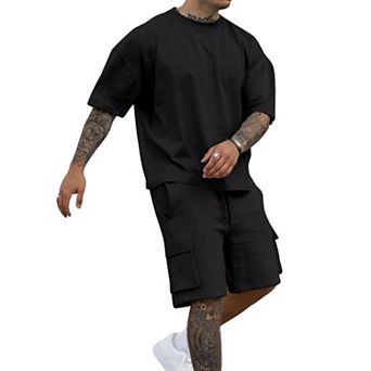 2 pc Mens Summer Casual Cargo Shorts Tracksuit Set Soft Stretchy