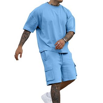 2 pc Mens Summer Casual Cargo Shorts Tracksuit Set Soft Stretchy