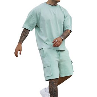 2 pc Mens Summer Casual Cargo Shorts Tracksuit Set Soft Stretchy