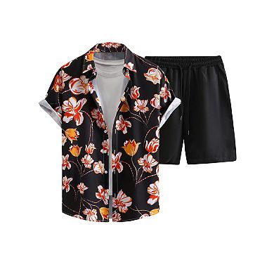 Men's 2 Pcs Short Sleeve Button Down Shirt Shorts Set Casual Summer Wear