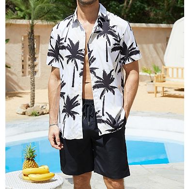 Men's 2 Pcs Summer Tropical Print Hawaiian Beach Shirt Shorts Set