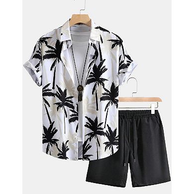 Men's 2 Pcs Summer Tropical Print Hawaiian Beach Shirt Shorts Set