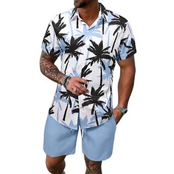 Men's 2 pc Summer Tropical Print Hawaiian Beach Shirt Shorts Set
