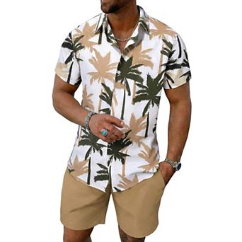 Men's 2 pc Summer Tropical Print Hawaiian Beach Shirt Shorts Set