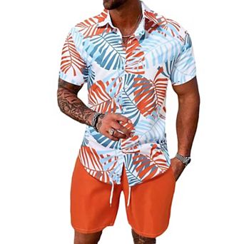 Men's 2 pc Summer Tropical Print Hawaiian Beach Shirt Shorts Set