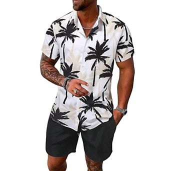 Men's 2 pc Summer Tropical Print Hawaiian Beach Shirt Shorts Set