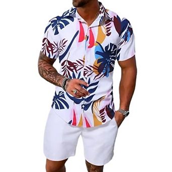 Men's 2 pc Summer Tropical Print Hawaiian Beach Shirt Shorts Set