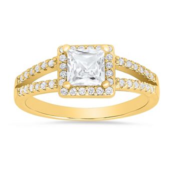 Queen Jewels Sterling Silver Princess-Cut Halo Cubic Zirconia Ring