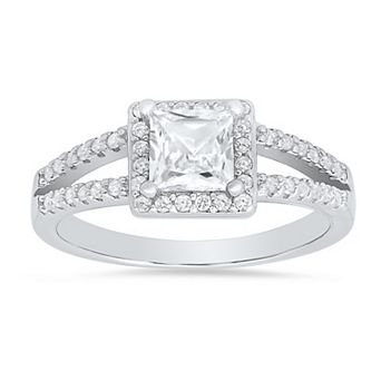 Queen Jewels Sterling Silver Princess-Cut Halo Cubic Zirconia Ring