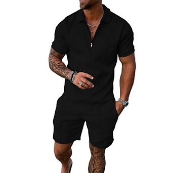 2 pc Mens Summer Track Suits Short Sleeve Polo Shirts Loungewear