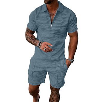 2 pc Mens Summer Track Suits Short Sleeve Polo Shirts Loungewear