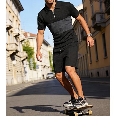 2 Pcs Mens Summer Track Suits Striped Short Sleeve Polo Shorts Set